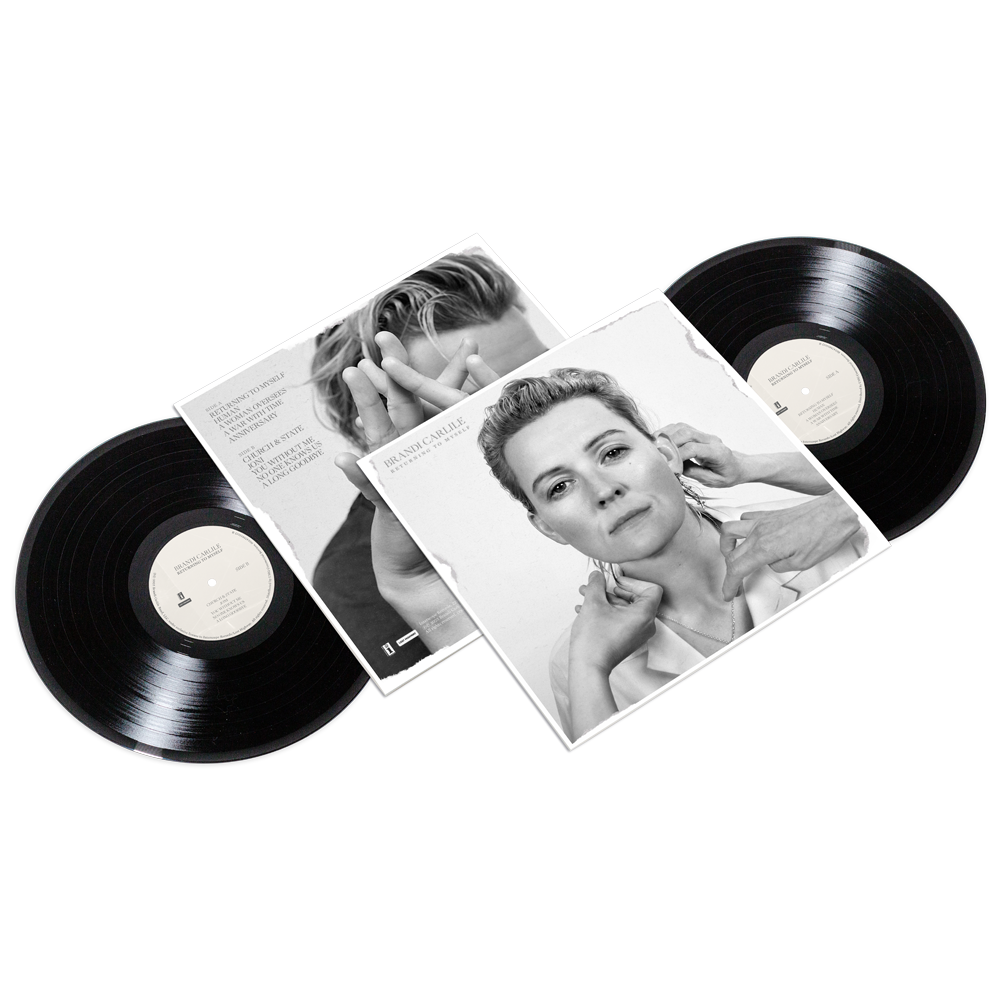 Vinyl records with a cover Brandi Carlile's face on a white background.
