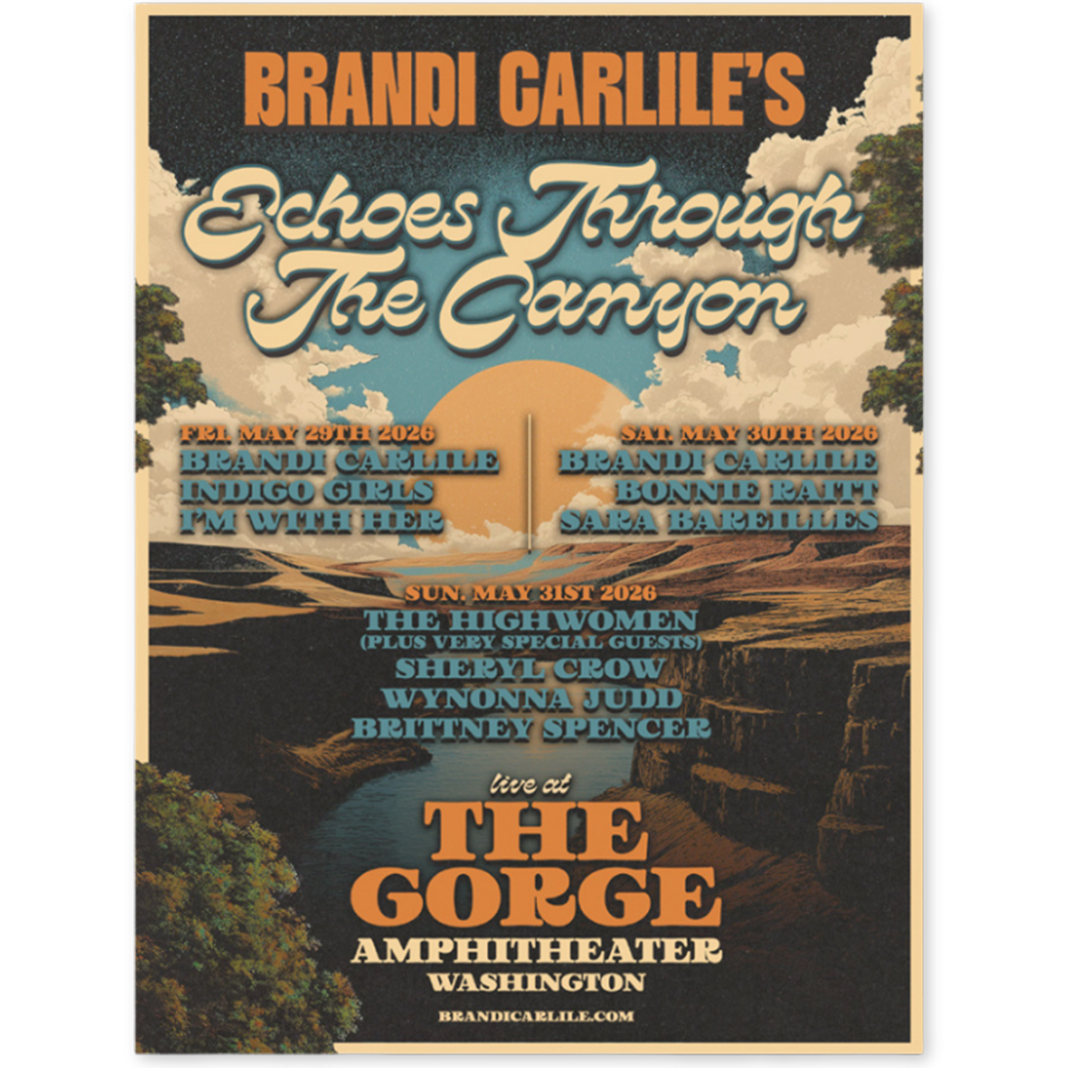 A concert poster for Brandi Carlile's 'Echoes Through The Canyon' live performance at The Gorge Amphitheater in Washington, featuring a scenic canyon landscape illustration with text overlays.