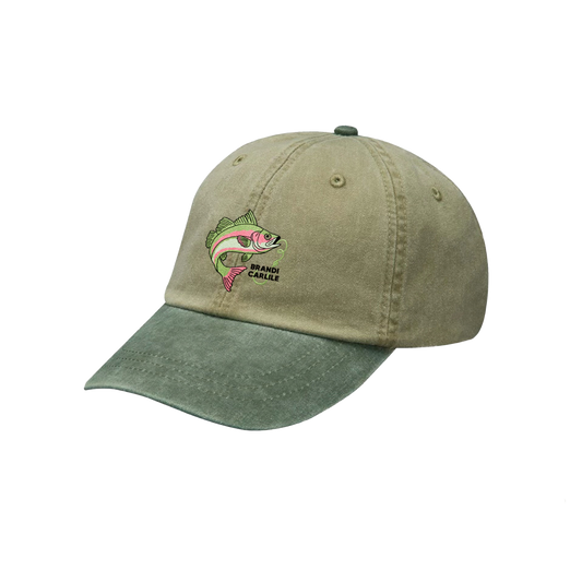 Green cap with a fish design and "Brandi Carlile" text in between a fishing line. 