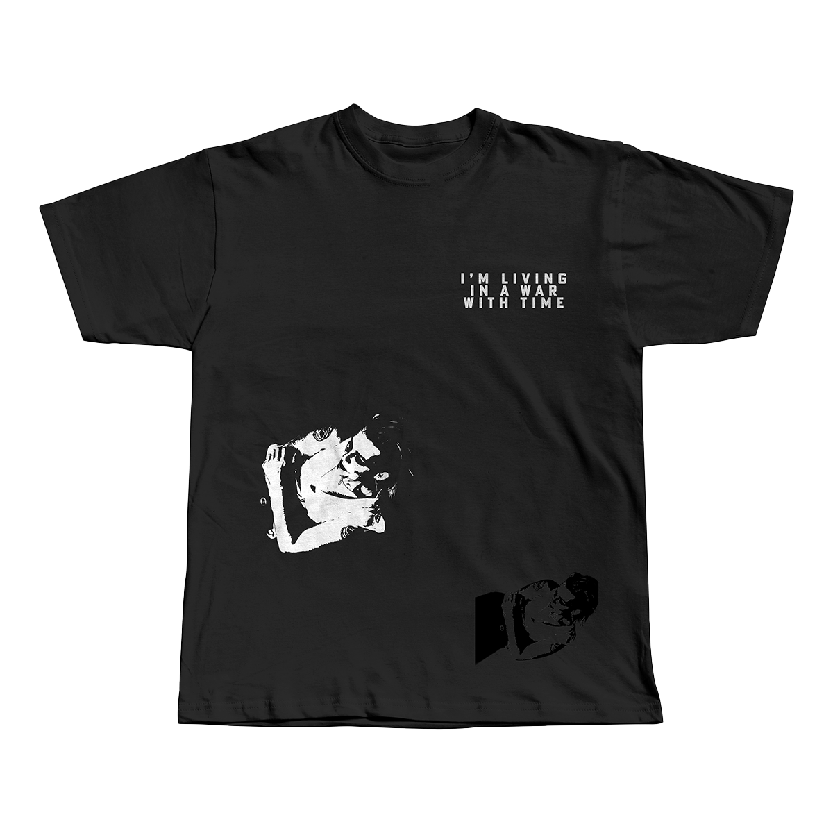 Black t-shirt with white graphic design.